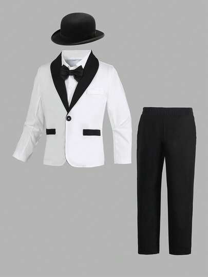 SHEIN Bộ vest nam cổ bẻ phối màu tương phản dành cho bé trai, áo khoác và quần tây.