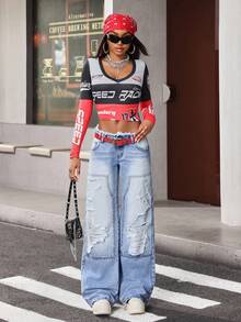 Jeanoix Jeans de pierna ancha con efecto desgastado y tiro bajo - Azul - Ver 7