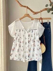 Rusticease 大码女式春季休闲度假印花花瓣袖衬衫 - 白色 - 查看 5