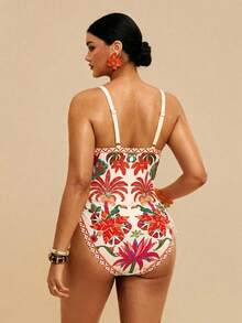 Travachic Plus Size Women Palm Tree Print Fashion Spaghetti Strap One-Piece Swimsuit Summer Beach Vacation - Multicolor - View 2
