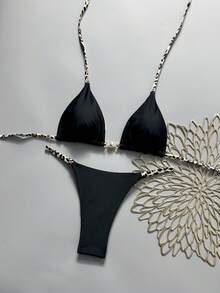 Swim SXY Damskie bikini w rozmiarze 26SS na wiosnę/lato, nowe, czarne, z nadrukiem w panterkę, zdobione liną, z dekoltem w serek i odkrytymi plecami, z plisowanymi nitami, seksowne - Czarne - Zobacz 4