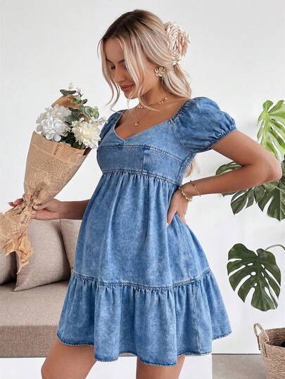 SHEIN Đầm denim bầu cổ tim tay raglan dáng casual