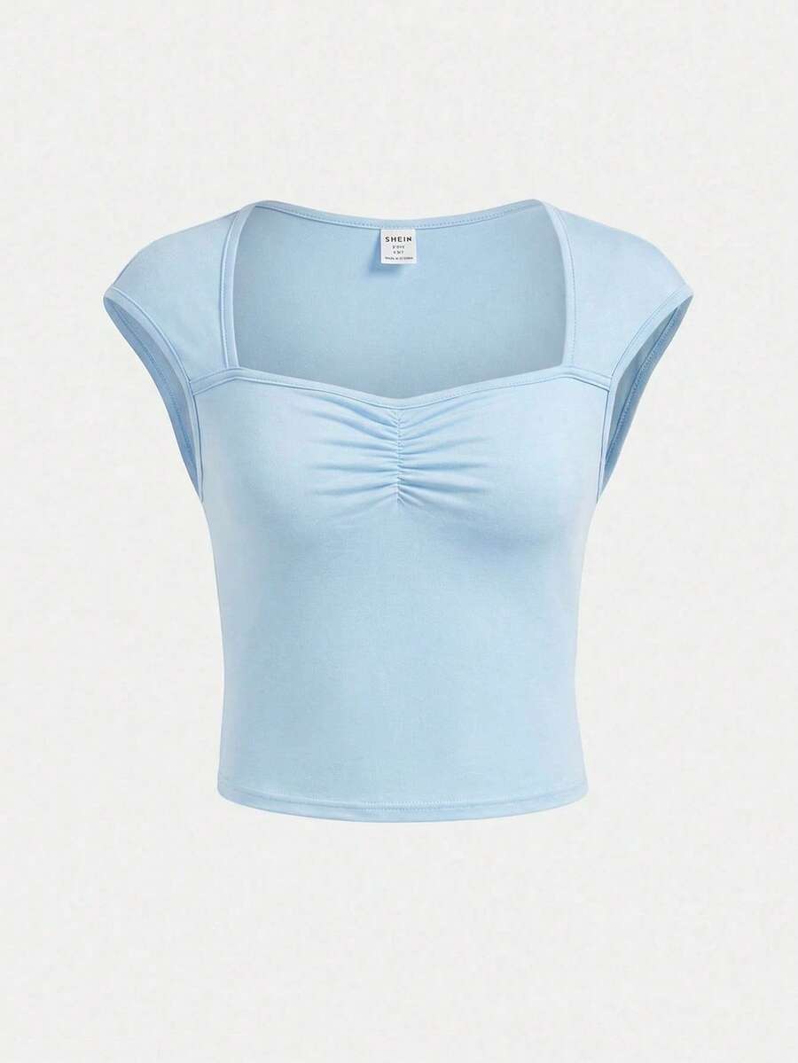 SHEIN Tween Girls' Baby Blue Solid Color Ruched Bust Sweet School Girl Casual Shrug T-Shirt,Suitable For Summer,Back-To-School,Holiday,Outdoor Picnic Wear - Blue - View 1