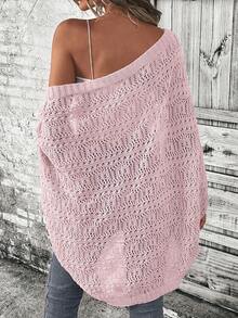 SHEIN LUNE Casual Solid Color Batwing Sleeve Openwork Knit Cardigan - Pink - View 2