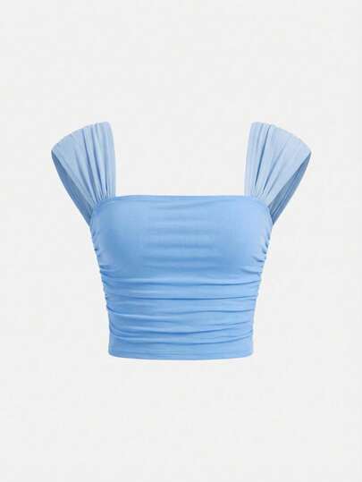 SHEIN Kids/Tween Girls' Casual Elegant Solid Color Crew Neck Ruched Puff Sleeve Fitted Mesh Splice Camisole Top T-Shirt, Suitable For Back To School, Graduation, Halloween Party