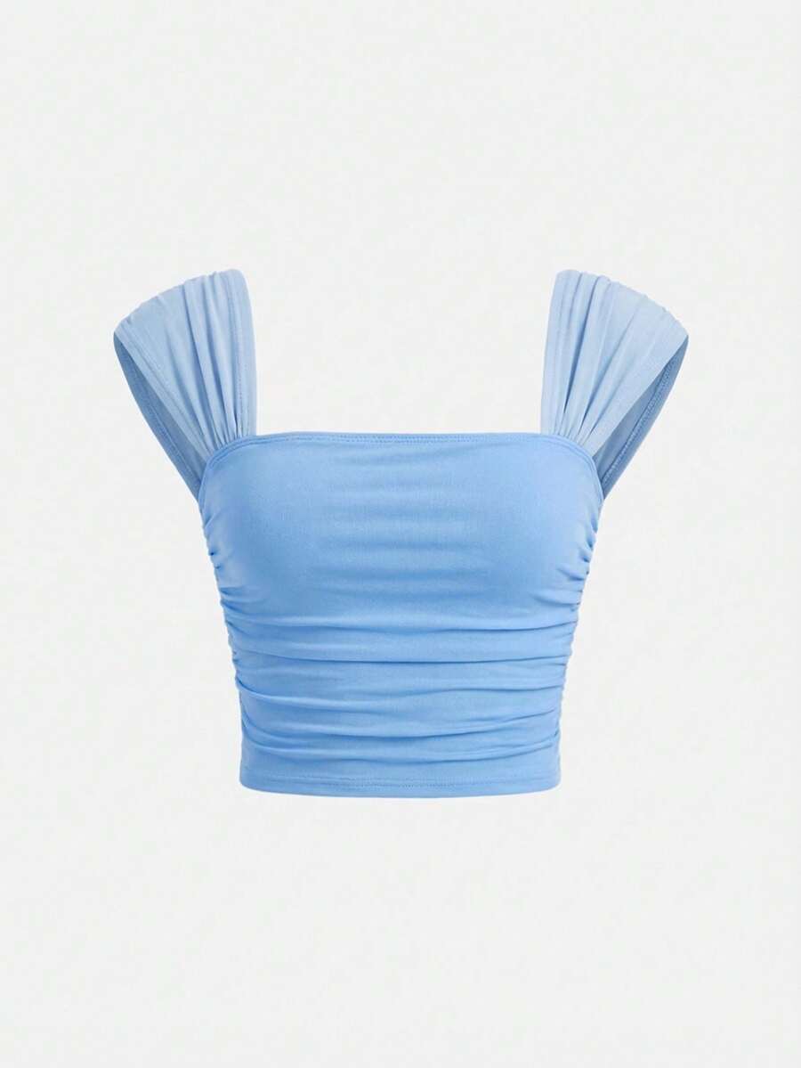 SHEIN 儿童/少女休闲优雅纯色圆领褶皱泡泡袖修身网纱拼接吊带背心T恤,适合返校、毕业典礼、万圣节派对等场合。 - 淺藍色 - 查看 1