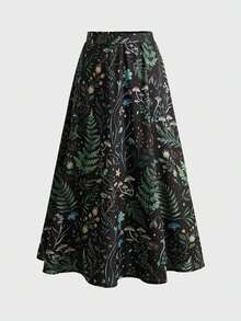 ROMWE Women's Dark Gothic A-Line Botanical Print Skirt - Multicolor - View 1