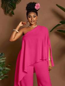 Maweii 2pcs/Set Asymmetric Hem Loose Yellow Casual Vacation Commute Plus Size Outfits, Suitable For Spring, Summer, Autumn Fall - Hot Pink - View 5