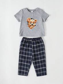 SHEIN Bộ đồ ngủ 2 mảnh kẻ caro cho bé trai Dozemod Kids gồm áo thun có túi và quần short kẻ caro, đồ ngủ thoải mái thường ngày. - Xanh và trắng - Xem 3