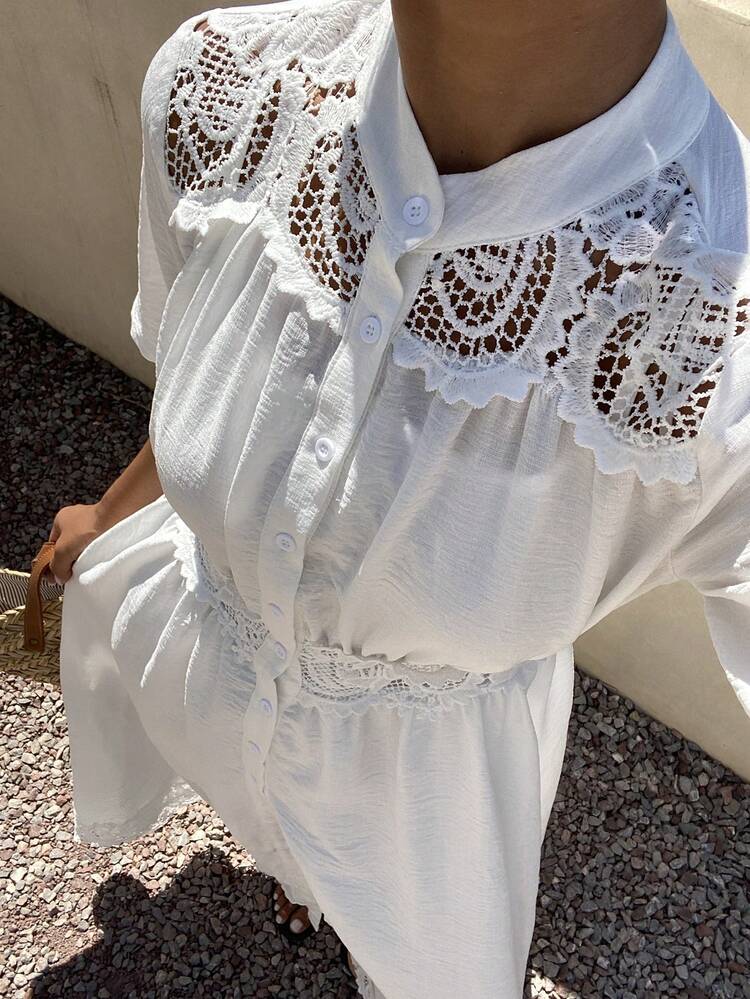 White Lace Patchwork Short Sleeve Waist Cinched Midi Dress, Suitable For Spring & Summer Vacation