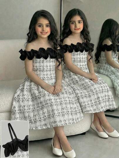 Đầm trễ vai phối màu dành cho bé gái cỡ lớn