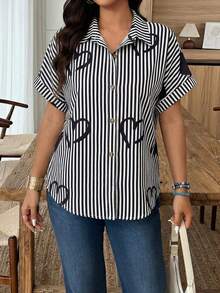 Selianne Women's Heart Pattern Striped Short Sleeve Button Front Summer Shirt, Valentine's Day Print - Multicolor - View 3