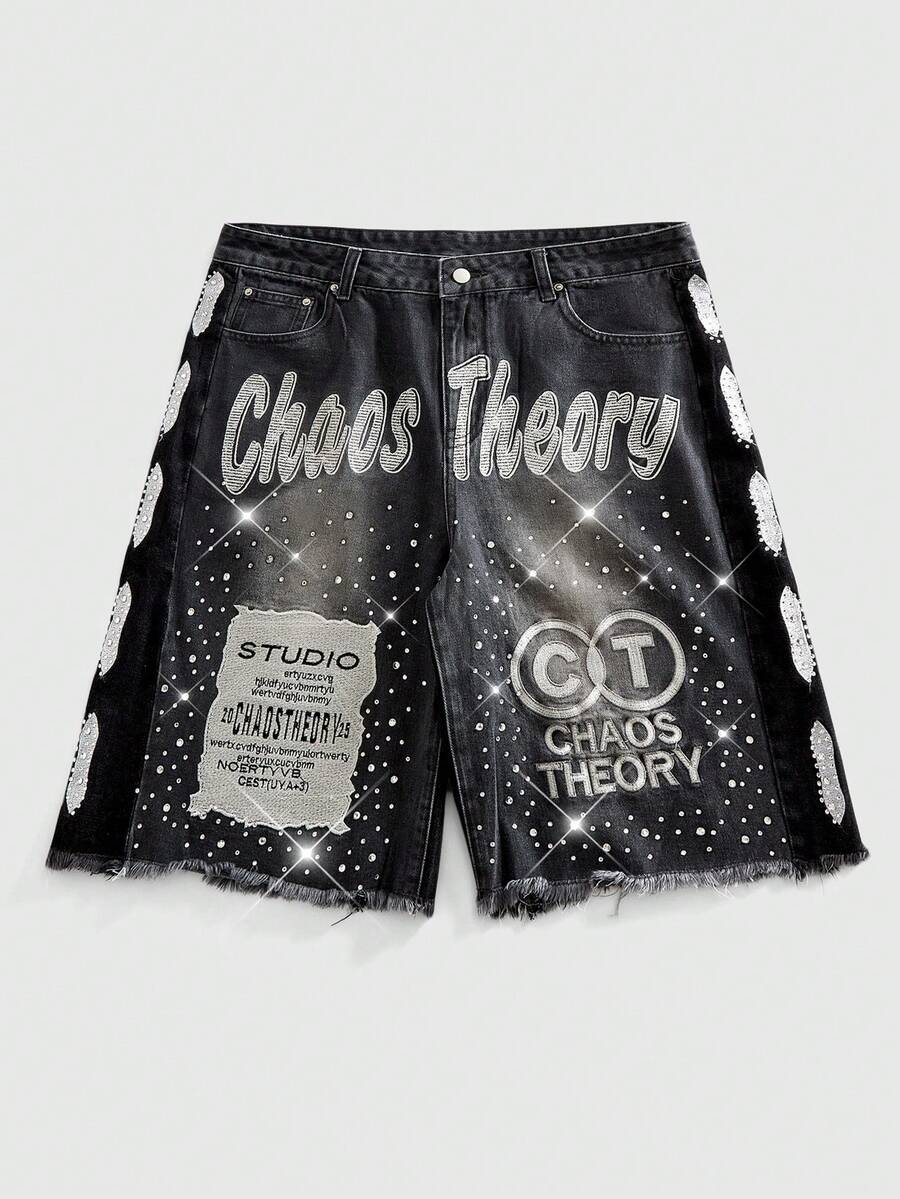 ROMWE MEN Men's Loose Fit Denim Shorts With Sparkling Diamond Embroidery Design - Black - View 1