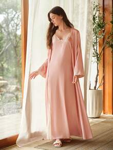 MOTF PREMIUM 女士优雅蕾丝拼接吊带睡裙及系带睡袍套装 - 粉色 - 查看 7