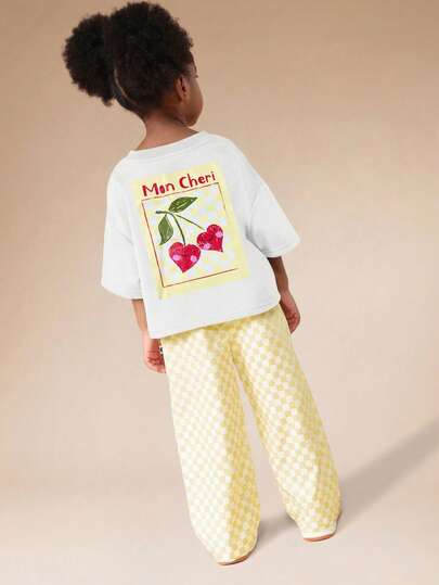 SUMWON Girls Mon Cheri Cherry Print Checkerboard Co-Ord Set With Short Sleeve Top And Wide Leg Pants
