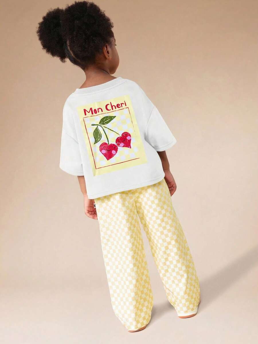 SUMWON Conjunto de top de manga corta y pantalones de pierna ancha con estampado de cereza y cuadros para niñas - Amarillo - Ver 1