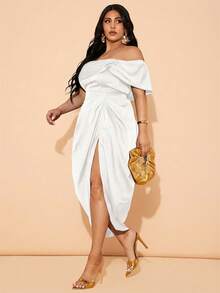 SHEIN BAE Plus Size Women Elegant Draping Mid-Length Dress, Suitable For Weddings, Bridesmaid, Cocktail And Formal Occasions - White - View 5