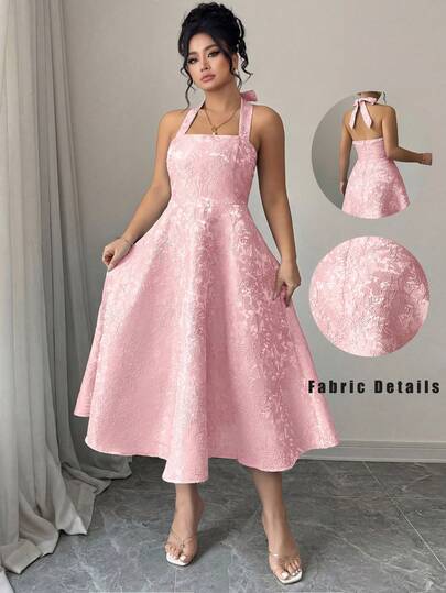 Elenzga Plus-Size Summer Bestseller: Elegant, Waist-Defining Midi Dress Featuring A Flared Hem, Romantic Jacquard Pattern, Lace-Up Waist, And Open-Back Design With Exposed Collarbone. Formal
