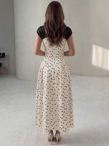 Modelyn 女士杏色提花拼接黑色无袖蕾丝荷叶边腰身A字优雅浪漫连衣裙，春夏款 - 杏色 - 查看 2