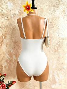 SHEIN Swim Chicsea Plus Size One-Piece Swimsuit, Solid Color With 3D Floral Accent, Elegant Minimalist European And American Style - Apricot - View 8