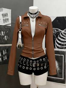 SHEIN Unity Women's Slim Fit Zip-Up Long Sleeve Shirt, Lightweight Cyber Punk Style - Brown - View 4