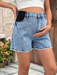 SHEIN Quần short denim dáng rộng, rách gấu, thích hợp cho bà bầu mùa hè, đi nghỉ mát và đi làm. - Màu xanh lam - Xem 3