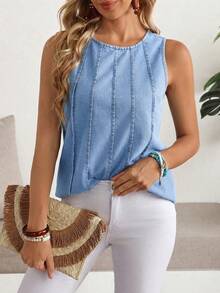 EMERY ROSE Plus Size Solid Color Sleeveless Denim Top - Light Wash - View 4
