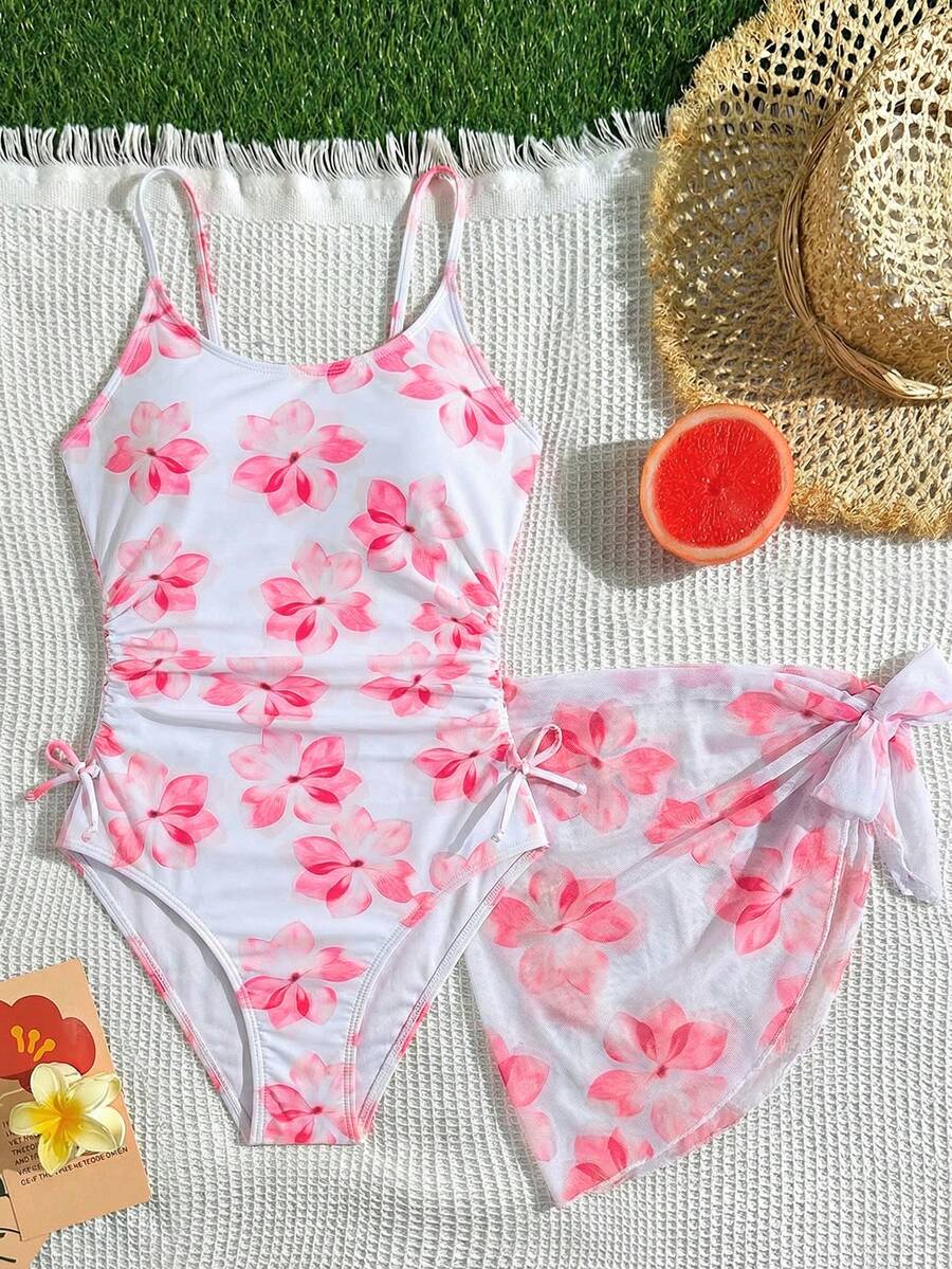 SHEIN 少女碎花连体泳衣及罩衫两件套 - 玫紅色 - 查看 1