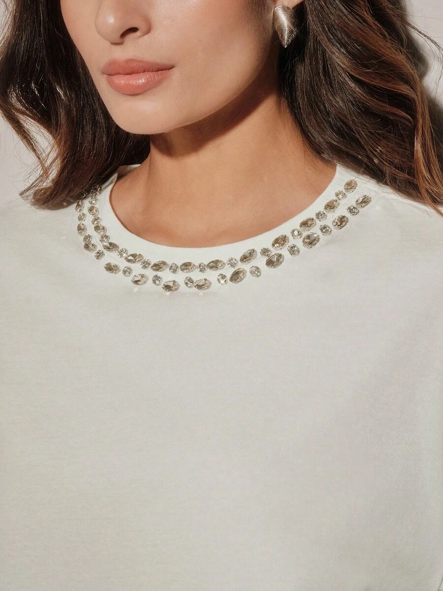 Anewsta Áo thun nữ tay ngắn cổ tròn đính hạt, mẫu mới về mùa Xuân/Hè, kiểu dáng đa năng, dễ phối đồ. - trắng - Xem 1