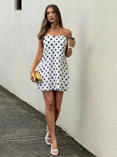 Aloruh Đầm ống lưới dệt kim chấm bi đen trắng tối giản thanh lịch, chân váy ngắn dáng rộng, đầm ngắn dự lễ hội âm nhạc Y2K.