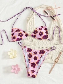Swim Mod Conjunto de bikini con tanga y escote halter con estampado de flores y cuadrícula, con perlas, para damas en primavera/verano, ideal para festivales de música en la playa - Multicolor - Ver 3