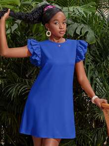 SHEIN Teen Girl Bright Fuchsia Cap Sleeve Ruffle Hem Loose A-Line Short Smock Dress, Casual Resort Wear - Royal Blue - View 7