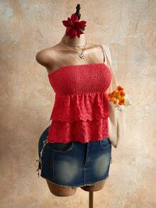 Mistrie Áo croptop cúp ngực màu đỏ với viền bèo nhún, kiểu dáng ôm eo, thích hợp cho kỳ nghỉ. - Đỏ - Xem 1