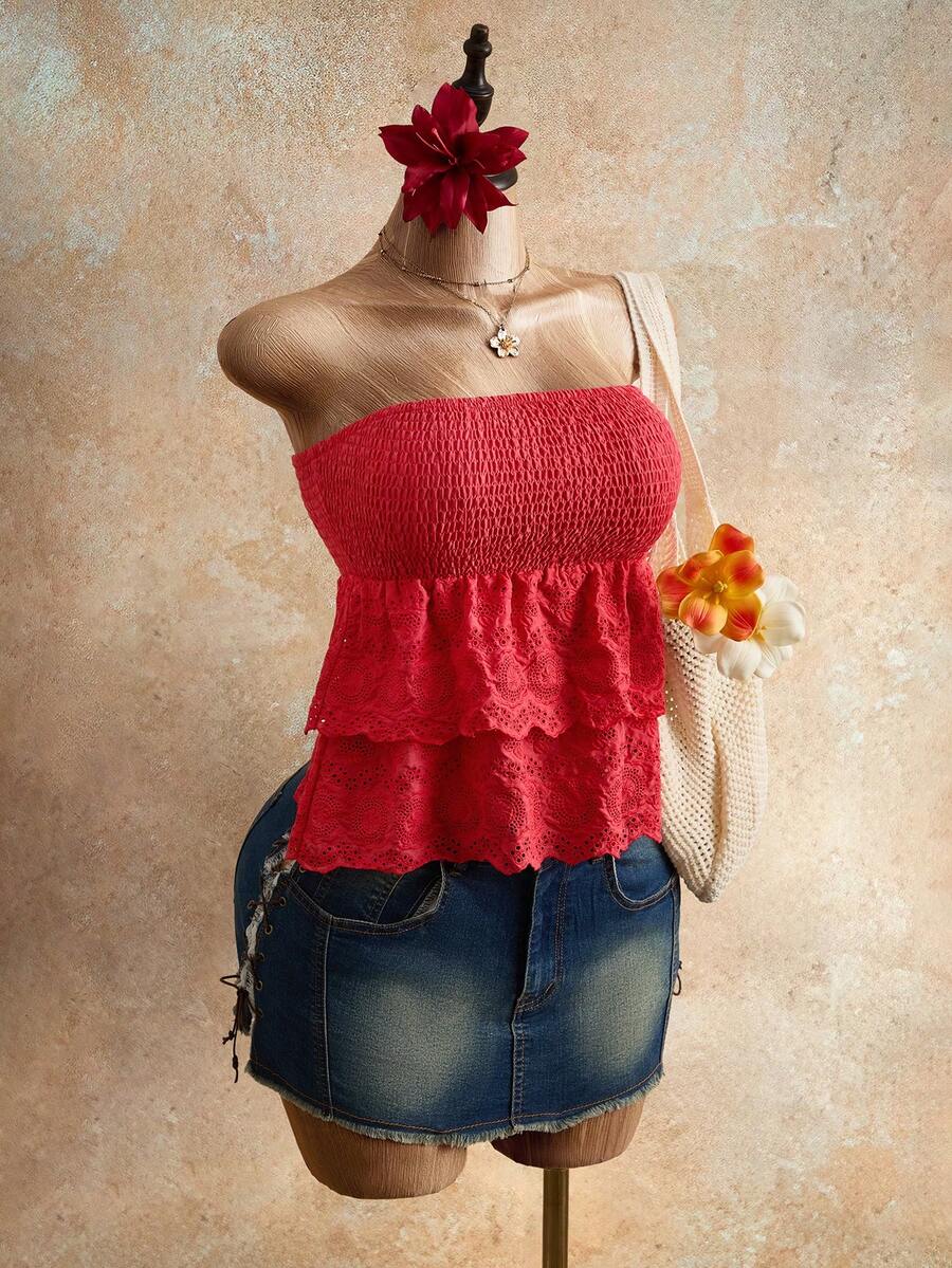 Mistrie Áo croptop cúp ngực màu đỏ với viền bèo nhún, kiểu dáng ôm eo, thích hợp cho kỳ nghỉ. - Đỏ - Xem 1