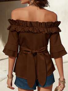 EMERY ROSE Chocolate Brown Off-Shoulder Ruffle Trim Casual Romantic Blouse For Women Vacation Summer - Coffee Brown - View 2