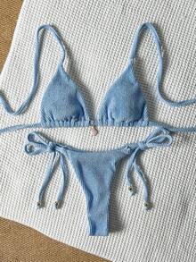 Swim Mod 女士提花面料挂脖金属装饰性感比基尼套装，夏季比基尼套装，女士夏季泳装两件套，塑形泳衣，沙滩装，女士沙滩装两件套比基尼套装，泳装沙滩装，比基尼套装，女士比基尼套装，女士泳装套装 - 藍色 - 查看 2