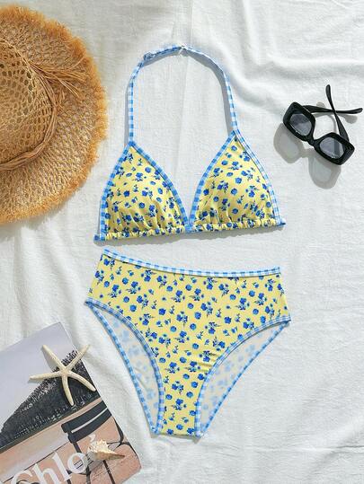 SHEIN 少女两件式泳衣，格子碎花图案，弹力速干舒适针织面料，适合游泳池、海滩、冲浪、度假、夏季穿着