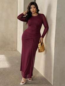 Modelyn Plus Size Women Solid Color Pleated Long Sleeve Elegant Dress - Burgundy - View 3
