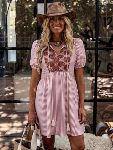 SHEIN LilyWest Women's Casual Bohemian Western Floral Retro Print Ruffle Hem Half-Placket Dress - Khaki - View 2