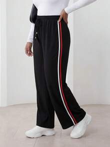 ELLERISSA Plus Size Black Contrast Stripe Wide Leg Jersey Trousers - Black - View 3