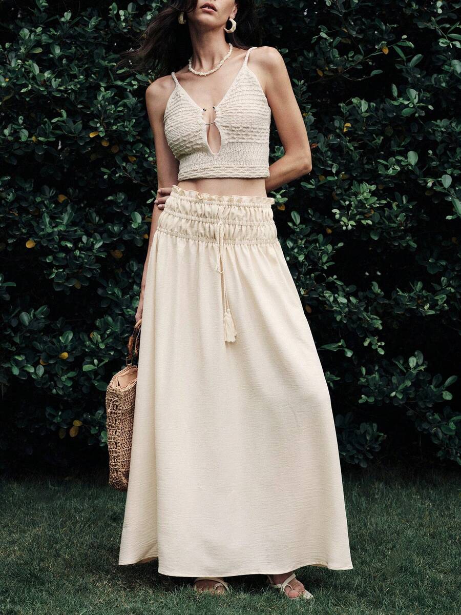 Lumivelle Beige Autumn Boho Vacation Holiday Women Maxi Skirt, White Drawstring Ruched High Waist Flowy A-Line Umbrella Skirt, Textured Fabric Tassel Beach - Apricot - View 1