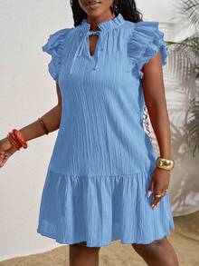 Slaydiva Robe à col cravate de couleur unie, manches à volants, ourlet à volants, robe d'été grande taille - Bleu ciel - Voir 4
