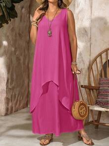 EMERY ROSE Plus Size Women V-Neck Sleeveless 2 In 1 Rose Red Long Flowy Dress,Pastel Pink,Summer,Boho,Beach,Holiday,Vacation Outfits,Spring Break,Casual Wear - Hot Pink - View 5