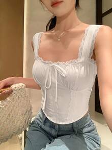 DAZY Áo tank top ngắn tay cổ vuông thắt nơ ren tương phản dành cho nữ, áo khoác vest mùa hè thường ngày. - trắng - Xem 4
