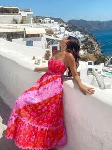 女士复古撞色无袖荷叶边长连衣裙，夏季款 - 粉色 - 查看 3