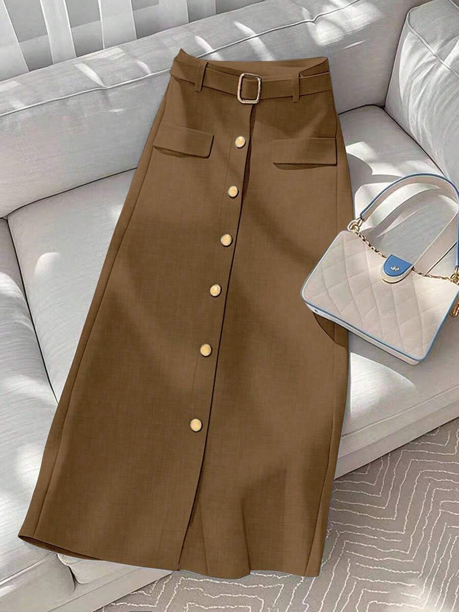 GlowEve Women's Casual Commuter Solid Color Front Button A-Line Skirt - Coffee Brown - View 1