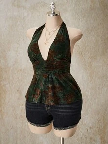 SHEIN ICON Camiseta sin espalda con lunares, estilo retro Y2K, con cuello en V, cintura ceñida y línea A, para tallas grandes. Camiseta de tirantes con lunares y escote halter, estilo babydoll con espalda descubierta. - Verde - View 8