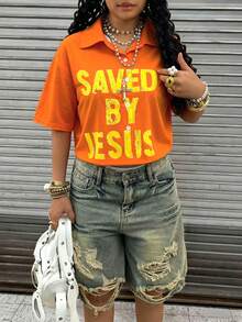 Summer Casual Letter Print Cropped Drop Shoulder Shirt - Multicolor - View 5