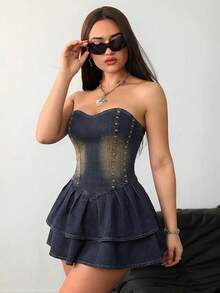 SHEIN ICON 女款藍色牛仔連身裙 Y2K 風格 抹胸上衣 派對情人節夏季穿搭 節慶海灘畢業休閒鉚釘龐克復古 - 中等水洗藍 - 查看 7