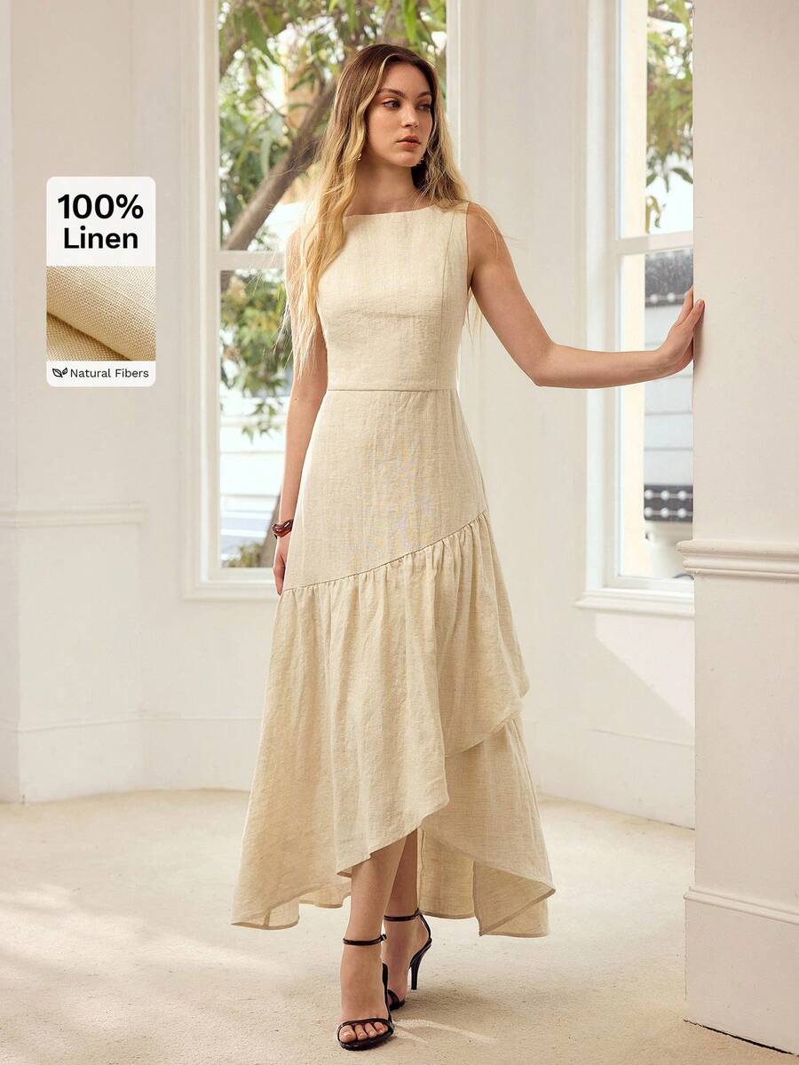 MOTF PREMIUM WOMEN'S ROUND NECK SLEEVELESS 100% LINEN DRESS, SUITABLE FOR DATES AND VACATIONS, SPRING/SUMMER - Apricot - View 2